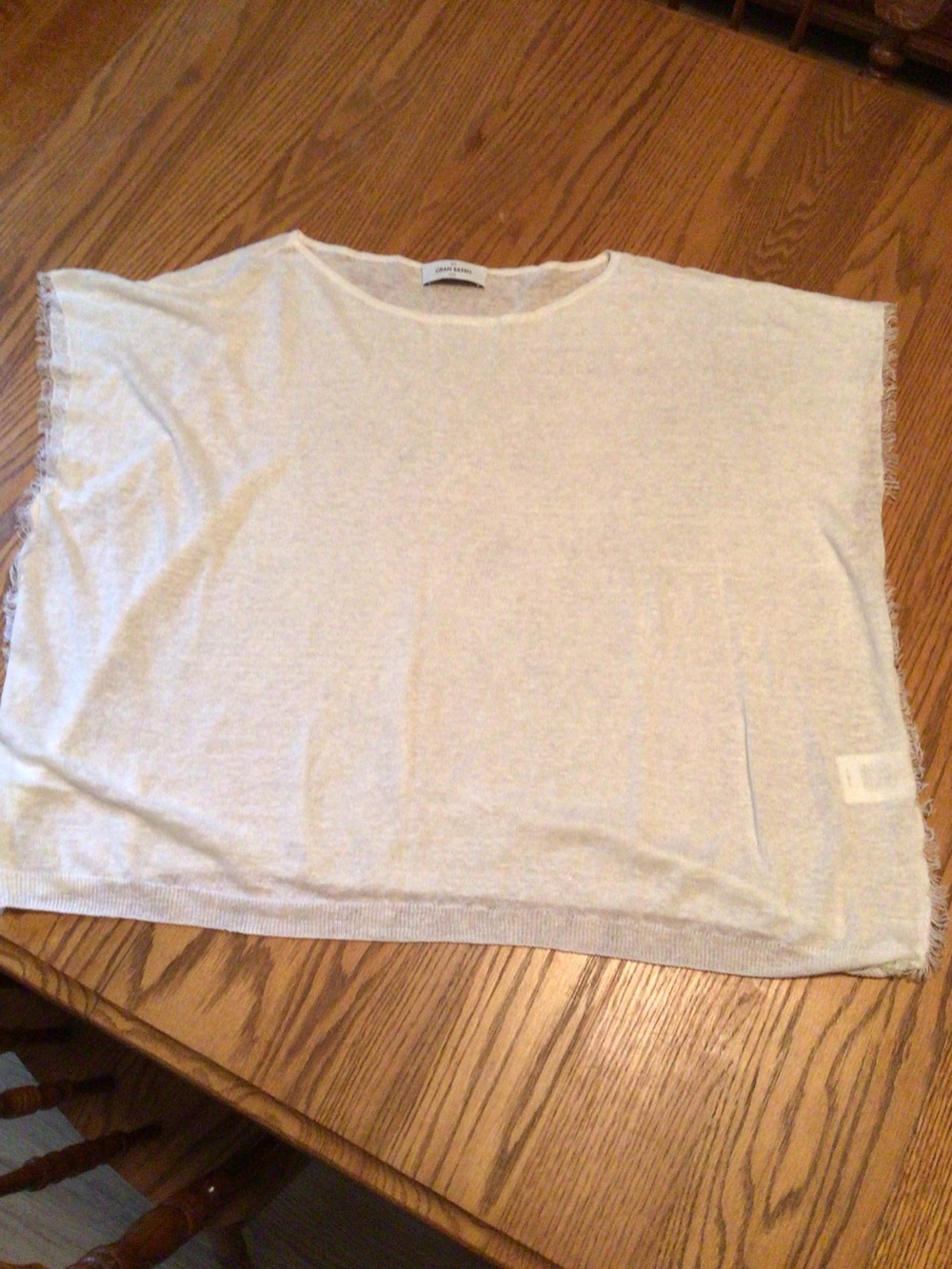 Gran Sasso Light Cream Boxy Knit Poncho Raw Edged Arm 100% Flax Made in Italy